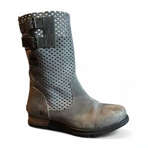 Sorel Major Carly Grey Perforated Leather Buckle Tall Boots Military Cap Toe